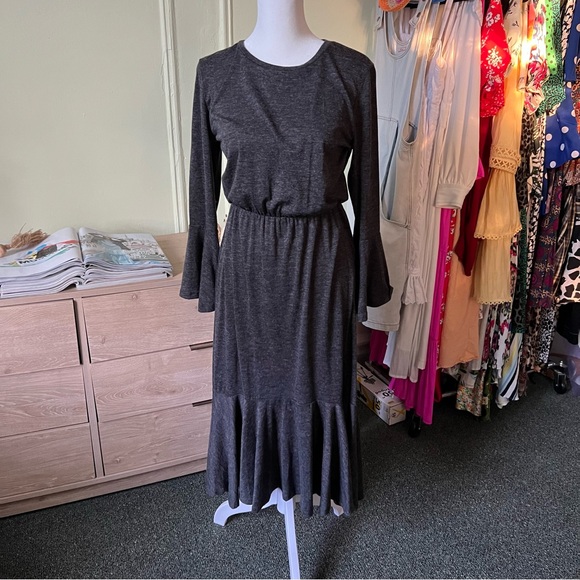 JOE FRESH Grey Long-Sleeve Jersey Stretch Modest Dress Ruffle Hem Bell Sleeve S - Picture 7 of 16